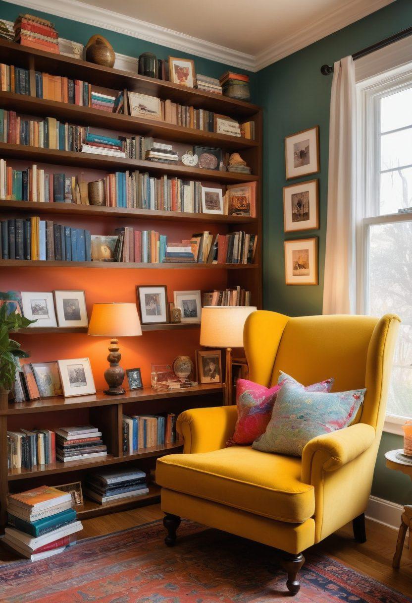 An inviting bookshelf overflowing with colorful books and whimsical art, showcasing diverse genres and styles. In the foreground, a cozy reading nook with a comfortable armchair and a steaming cup of tea, while playful literary quotes float in the air. Surround this scene with a diverse group of eager readers discussing their favorite novels passionately. warm lighting, inviting atmosphere, soft focus. vibrant colors. cozy vibe.