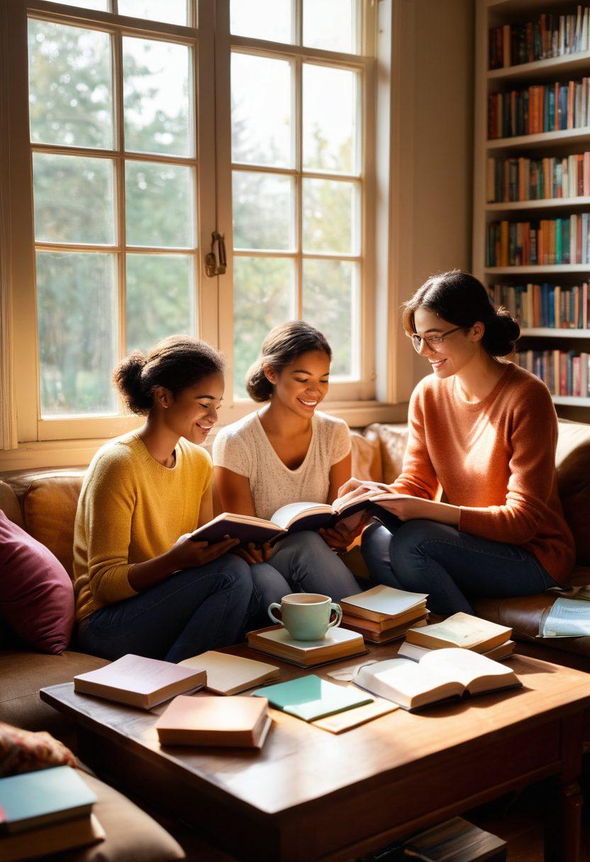 A cozy book club setting with a diverse group of people animatedly discussing a book, surrounded by shelves filled with colorful books. Include a steaming cup of coffee and a notepad with scribbled notes on a table. Light should filter in through a window, illuminating the pages of an open book. Capture the warmth and camaraderie of reading together. vibrant colors. cozy atmosphere.
