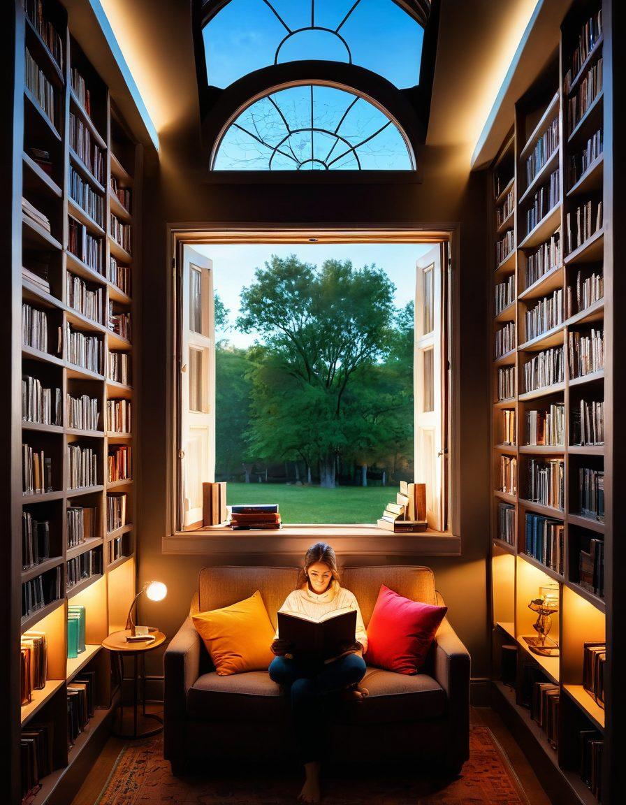 A captivating scene of a person immersed in a vast library, surrounded by towering shelves filled with colorful books, both fiction and non-fiction. The individual, with a look of wonder, is holding an open book that emits a warm glow, suggesting a world of discovery. Soft rays of sunlight filter through a large window, illuminating cozy reading nooks adorned with plush cushions. Include scattered floating pages and book icons to represent the best book resources around them. vibrant colors. super-realistic.